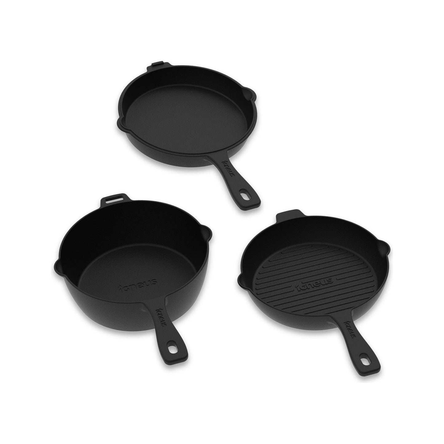 Igneus 3 Part Cast Iron Pan Set - Even Heat Distribution & Built To Last