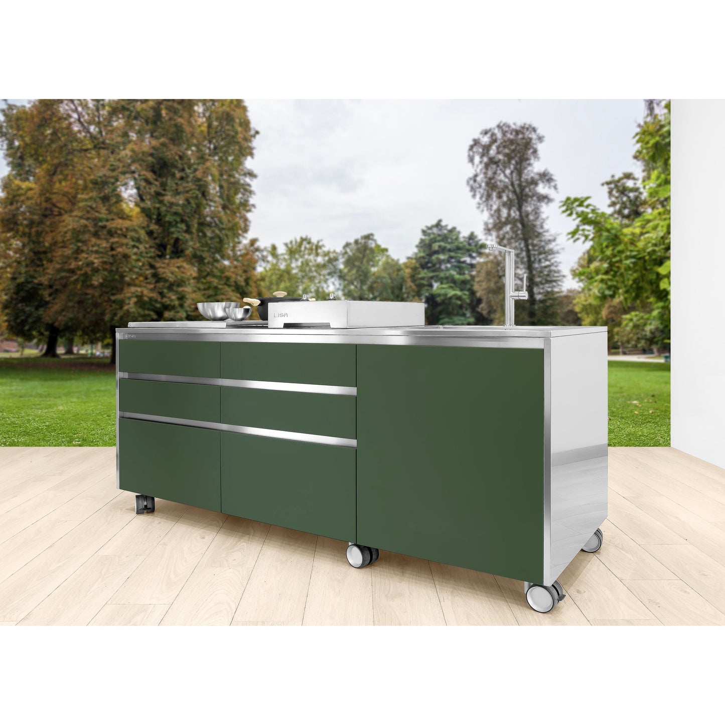 Lisa Outdoor Capri 304 Scotch Brite Stainless Steel with Four 7'' High Drawers Two 14'' High Deep Drawers and a Door