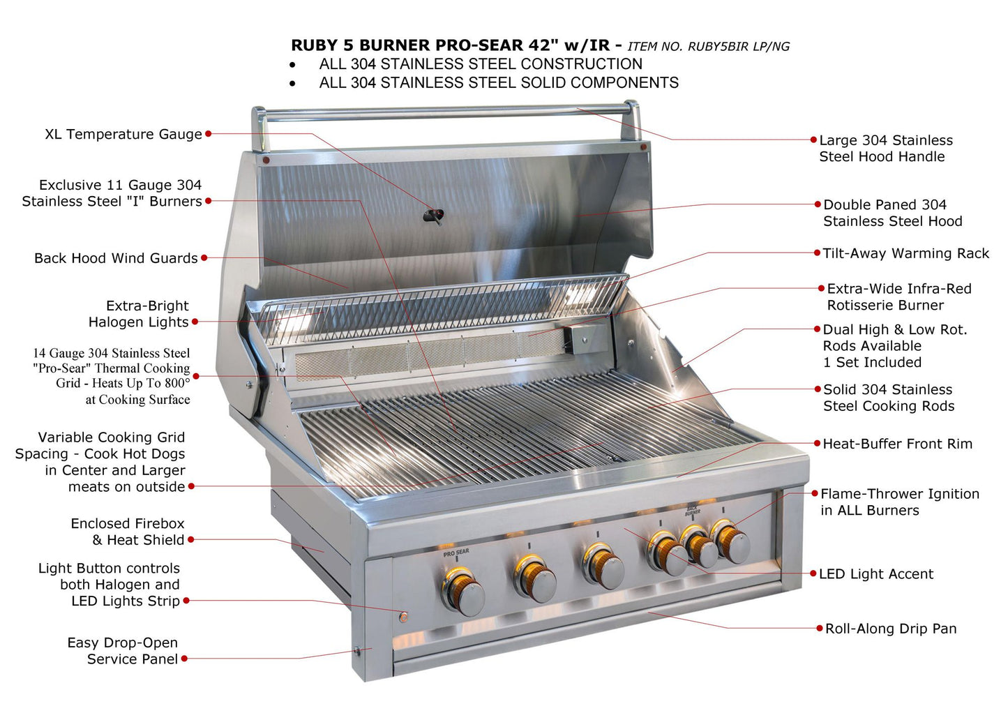 Sunstone Ruby Series 5 Burner Gas Grill with Infrared